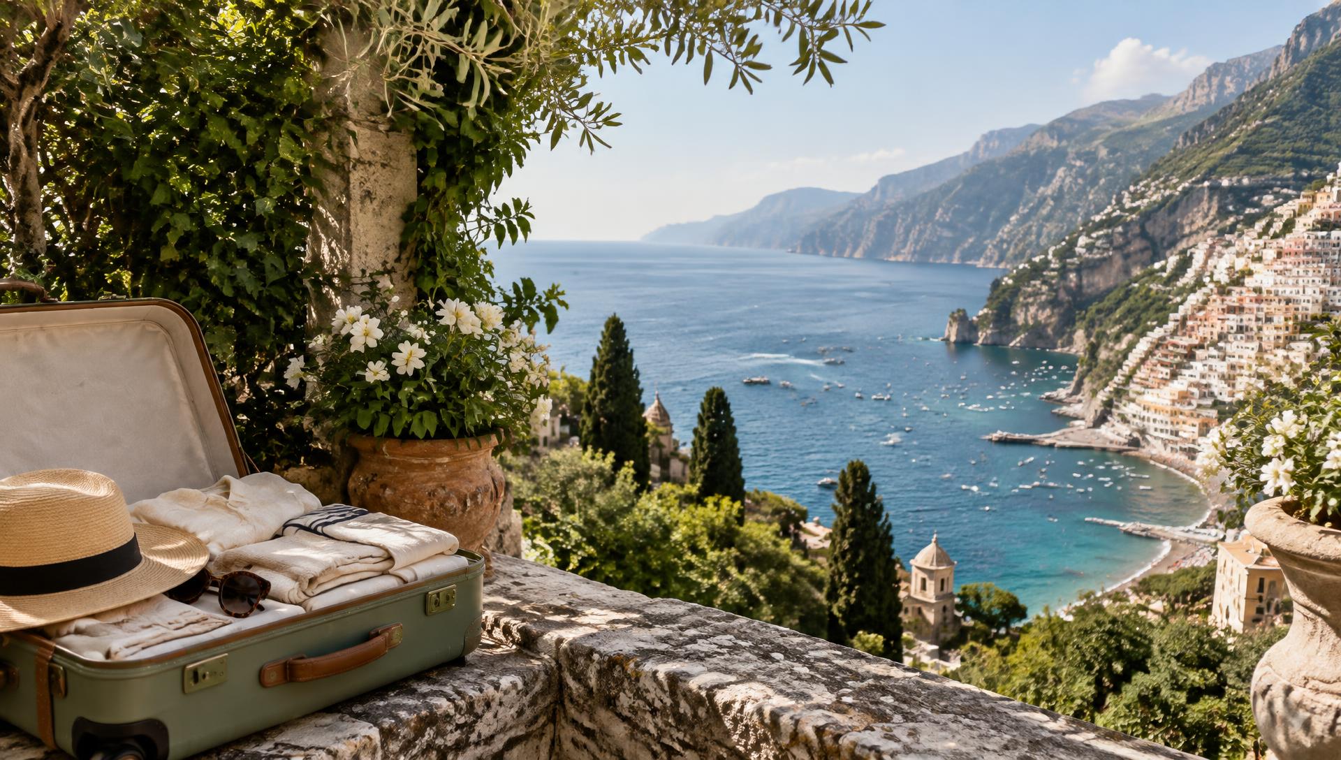 An open suitcase of linen clothes overlooking the sunlit Amalfi Coast